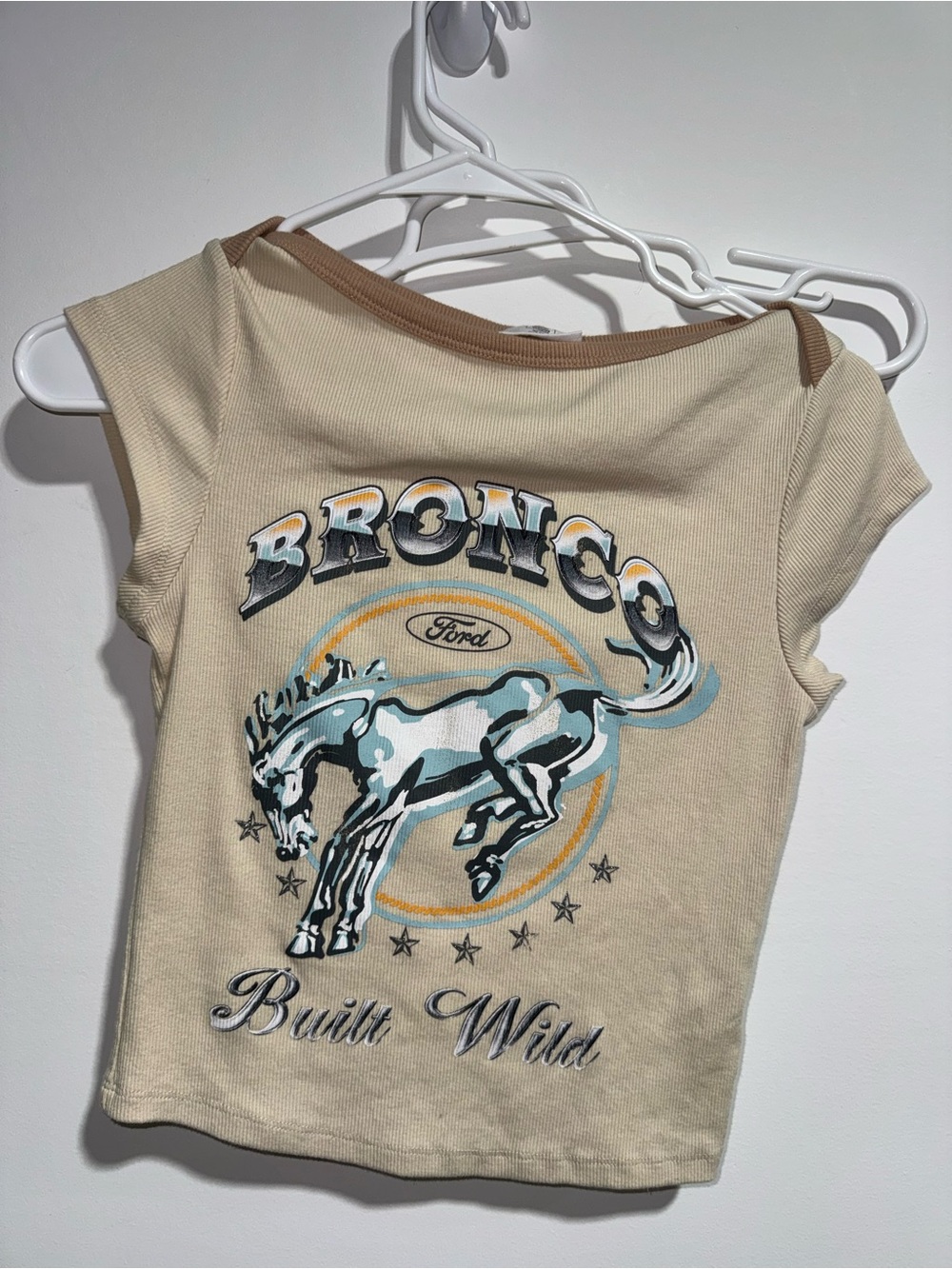 Ford Crop Top - Cream with Light Blue and Tan Accents. Fits like Small